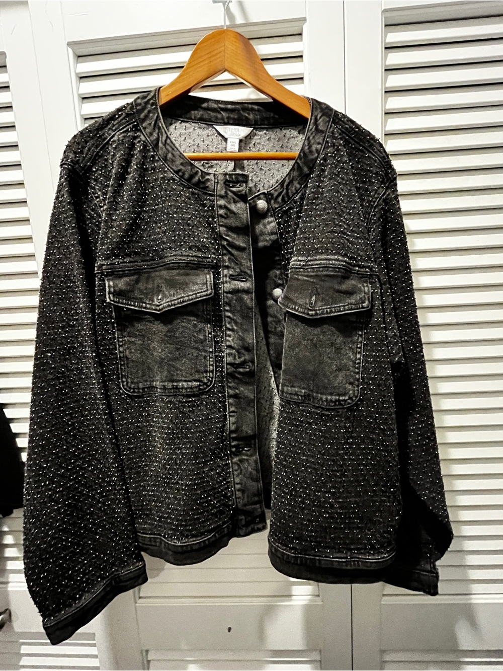 Time and Tru XXXL Black Clip Dot Denim Jacket Collarless Snap Front